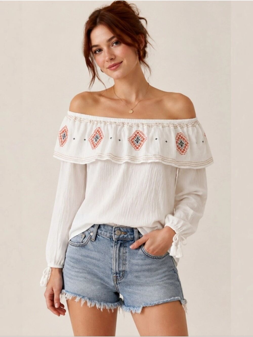SOHO NY&Co White Off-Shoulder Boho Ruffle Peasant Top Medium Crinkle Fabric